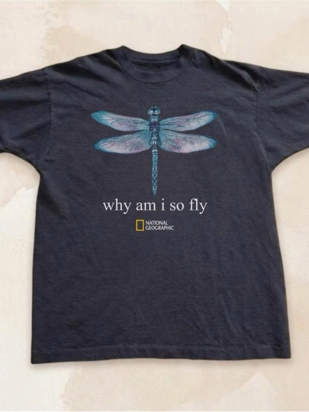 Black Tee with Teal and Light Blue Dragonfly Graphic